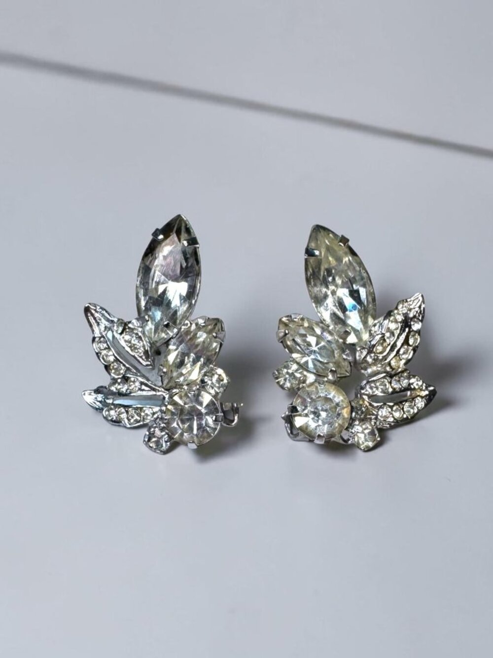 Weiss Clear Crystal Leaf Cluster Clip On Earrings Silver Tone Marquise